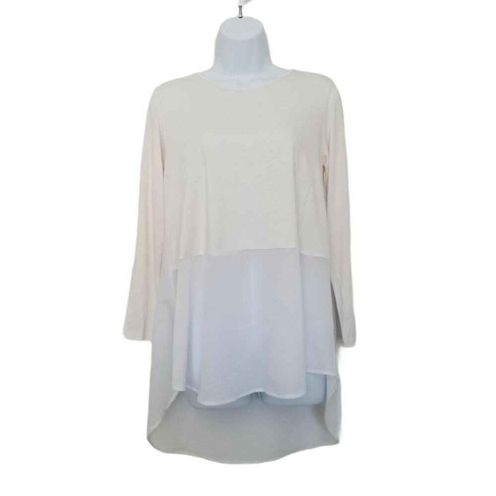 COMFY USA Pullover Tunic Top XS Lagenlook Cream Sheer Detail Modal Stretch.
